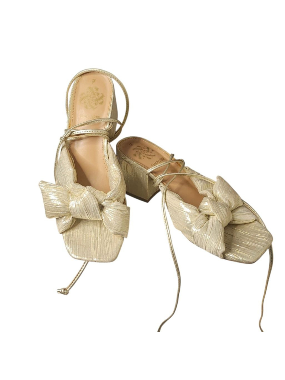 Women's SAM & LIBBY Gold Bow Tie Ankle Wrap Heels Size 7